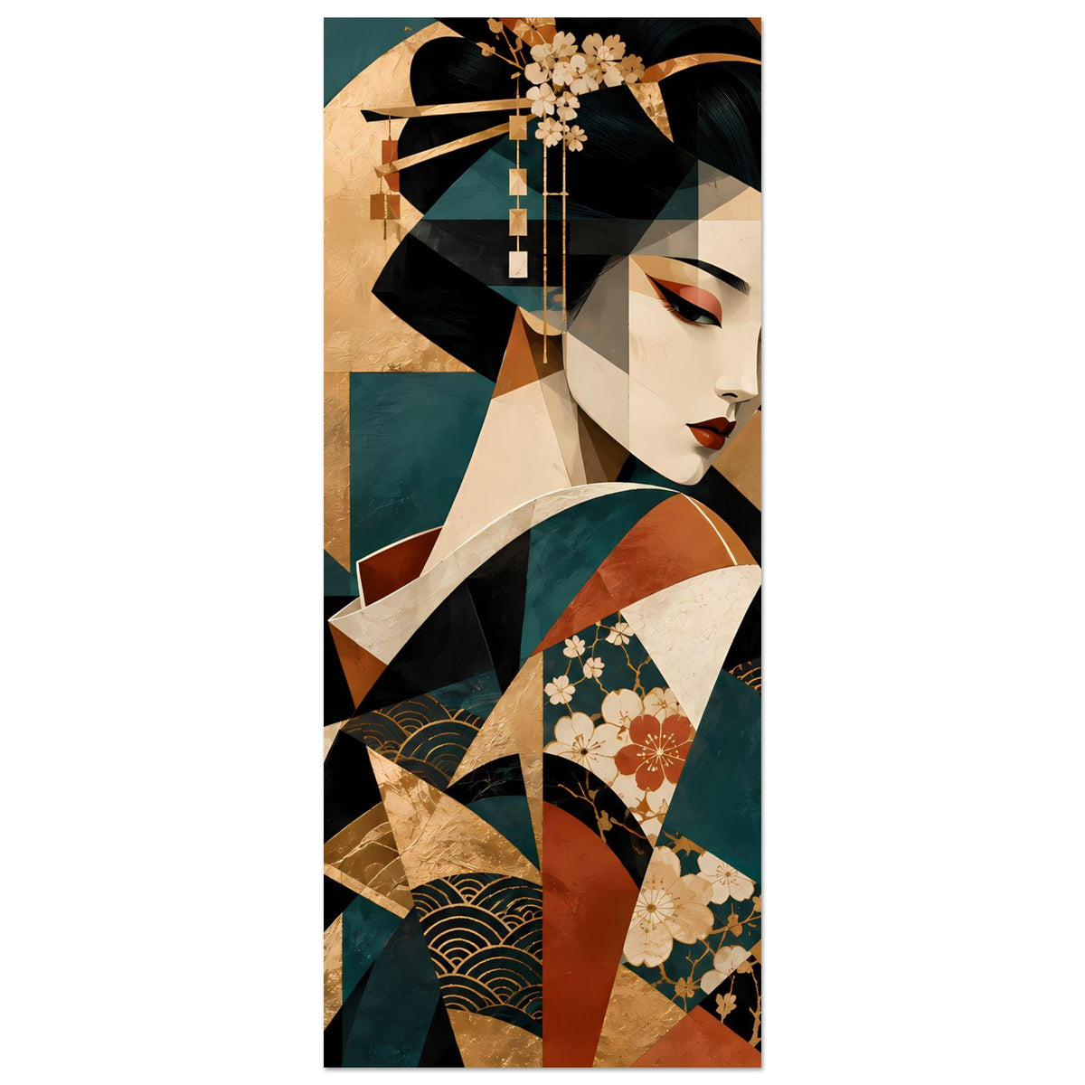 Kunstposter Hochformat: Geisha im Profil, schwarzes Haar, floraler Kimono in Türkis und Rot