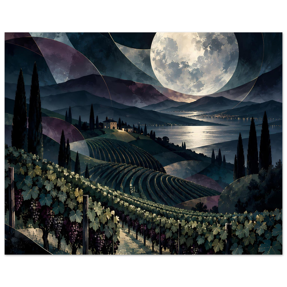 Poster: Weinberg-Landschaft bei Nacht mit Mond, langen Reihen der Reben und dunklem Rahmen