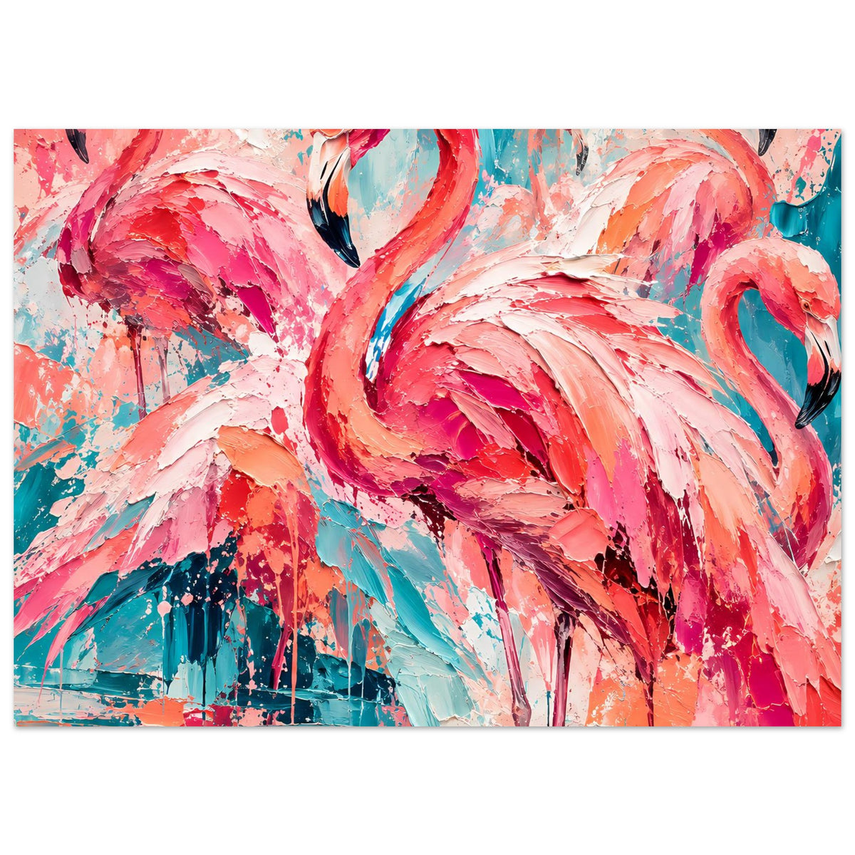 Flamingo-Kunstposter im Querformat mit dynamischer Farbmalerei in Pink und Türkis