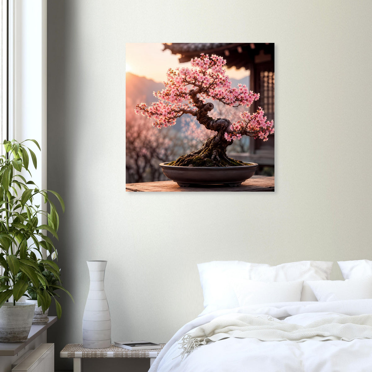 Quadratisches Wandposter mit pink blühendem Bonsai in schwarzer Schale