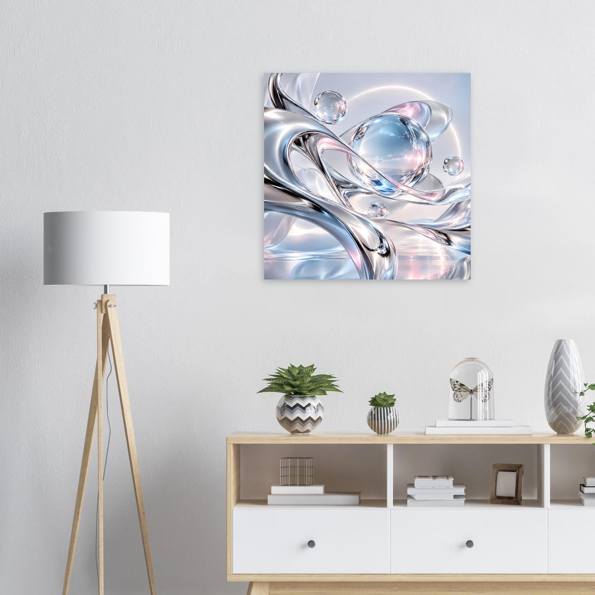 Quadratisches Kunstposter mit silbernen Metallwirbeln und blauen, rosafarbenen Kugelformen.