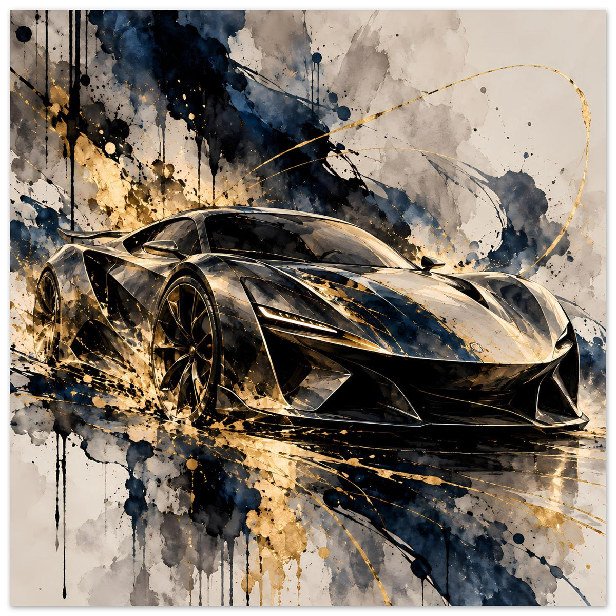 Poster mit Supersportwagen in Schwarz-Gold, abstrakte Farbspritzer, Hochformat