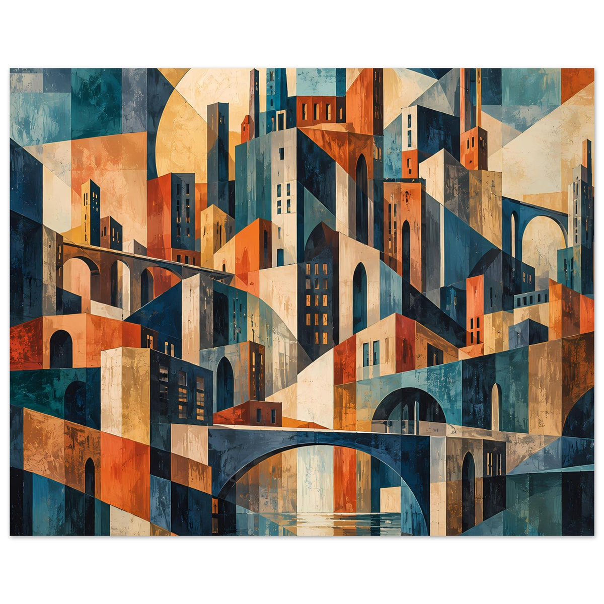 Geometrisches Stadtmotiv-Poster mit Bogenbrücke über Wasser, Querformat