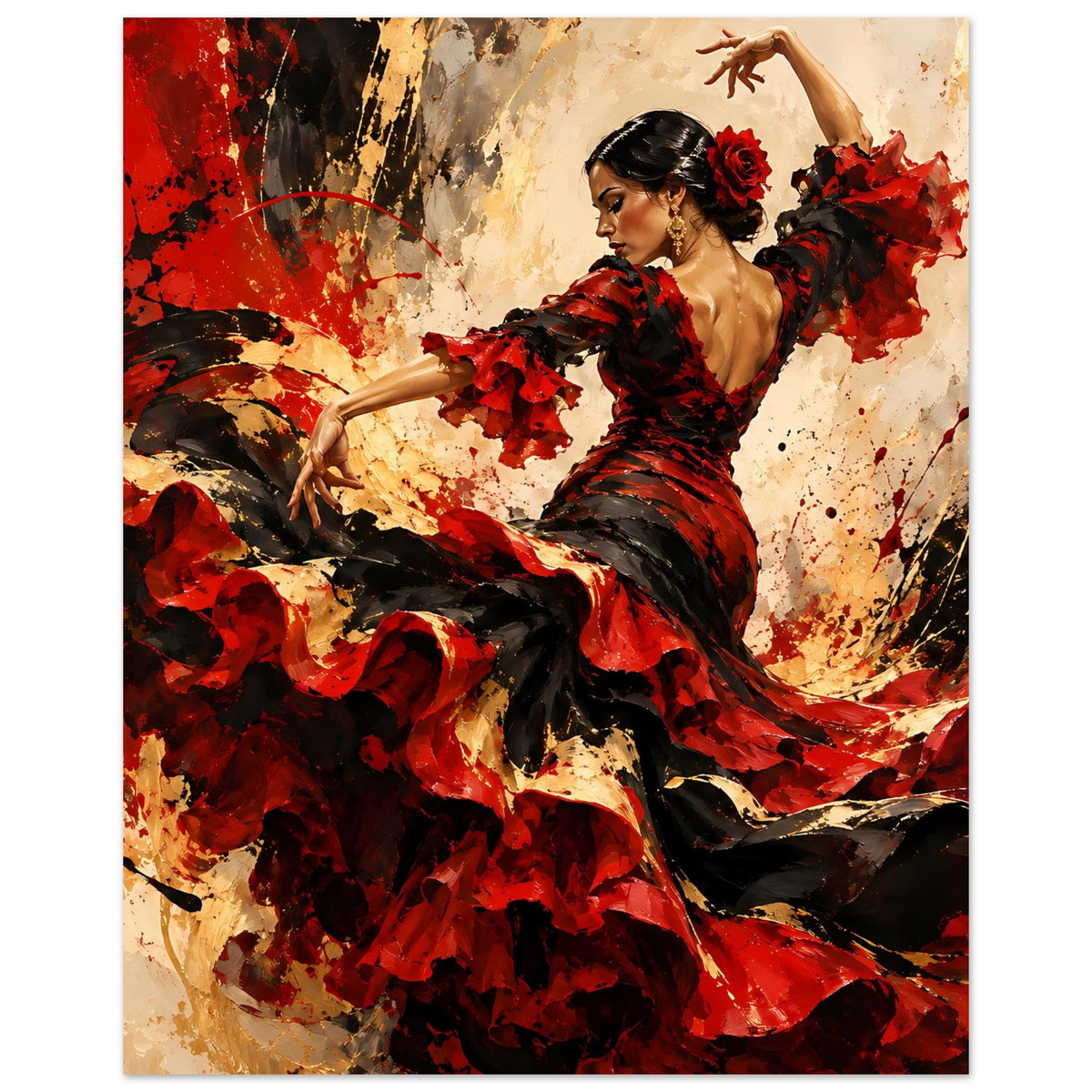 Poster einer Flamenco-Tänzerin im roten und schwarzen Kleid, Arm erhoben, in Ganzturzpose