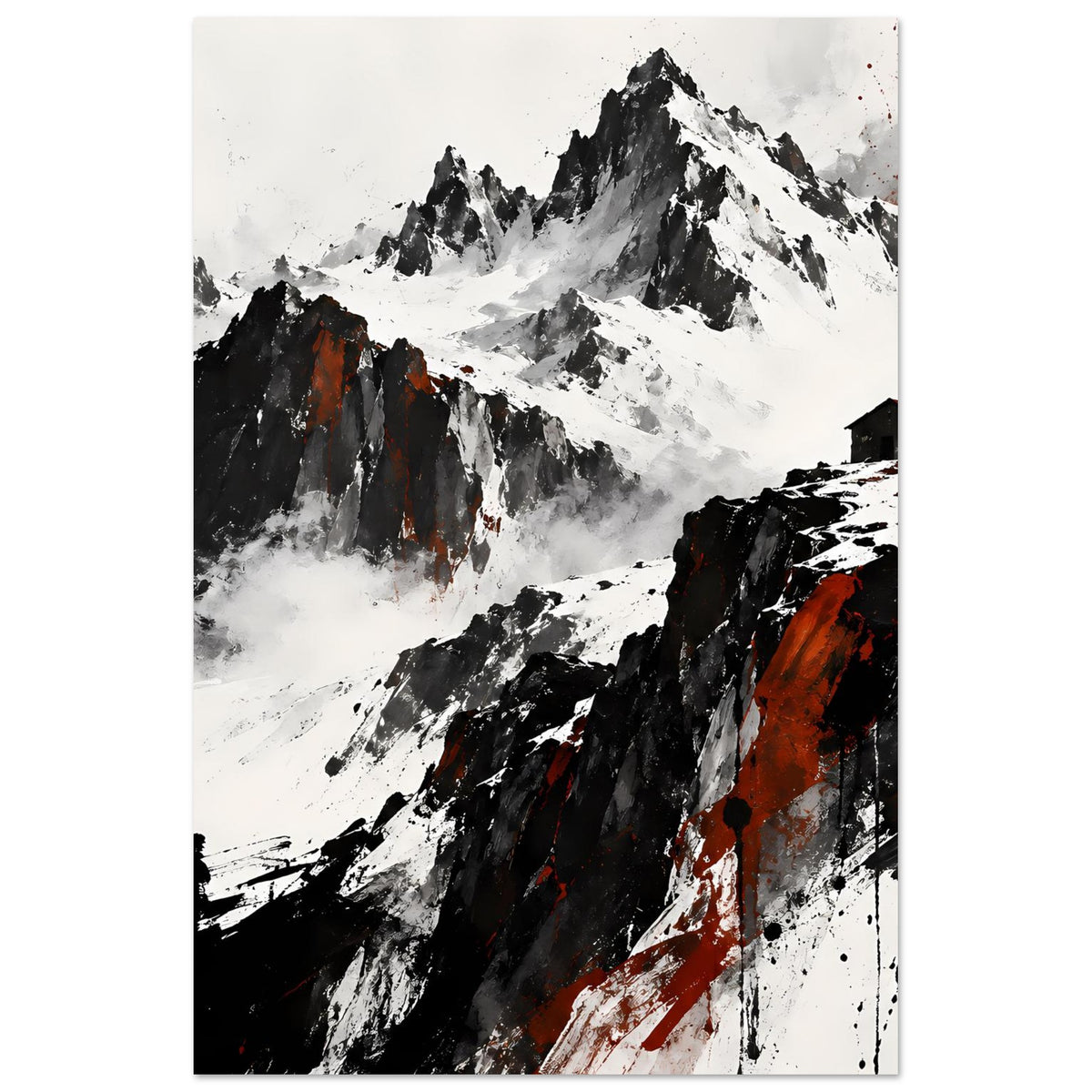 Poster mit dramatischer Berglandschaft in Schwarz, Weiß und Rot, mit Haus rechts