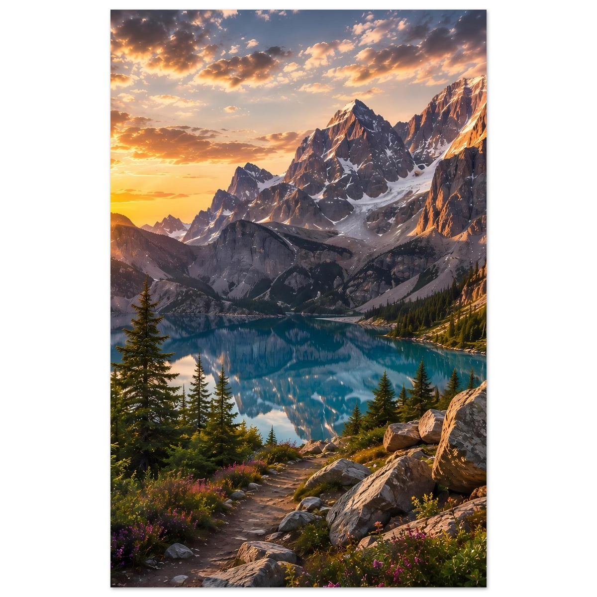 Poster im Hochformat mit Bergkette, türkisfarbenem See, Sonnenaufgangshimmel und Waldweg.