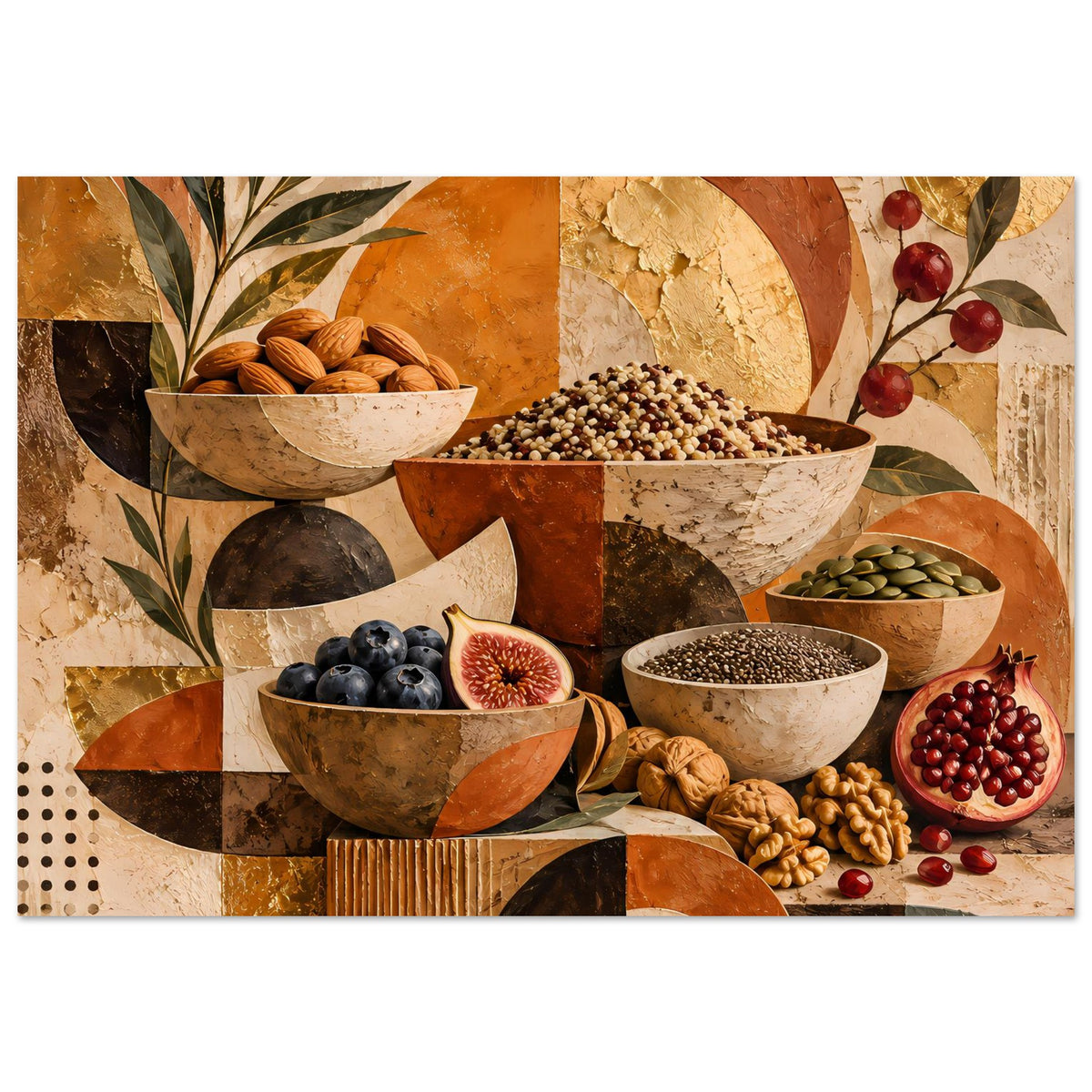 Rustikales Poster mit Stillleben-Schalen, Nüsse und Beeren, warmes Erdtöne-Farbspiel