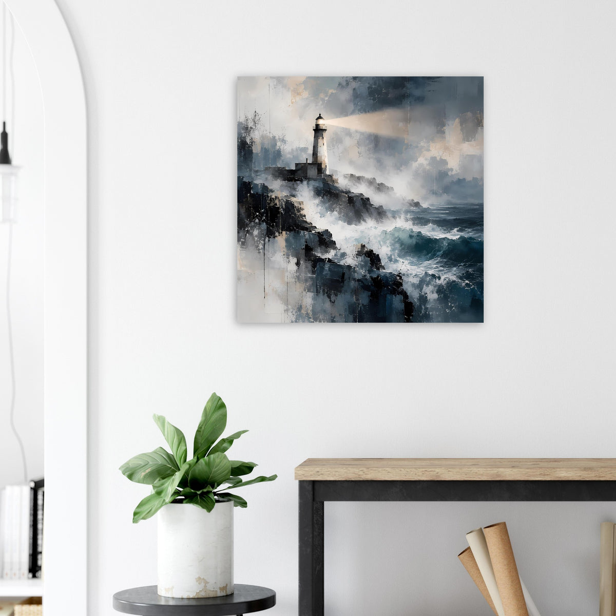 Maritimes Poster mit Leuchtturm und rauschender See, Blau- und Graulandschaft