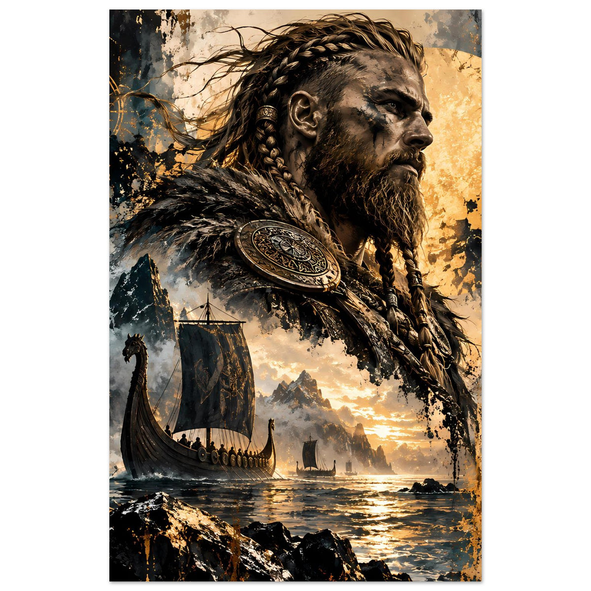 Wikinger-Krieger-Poster, Hochformat: Gesicht mit Bart und geflochtenem Haar, Schild im Bild