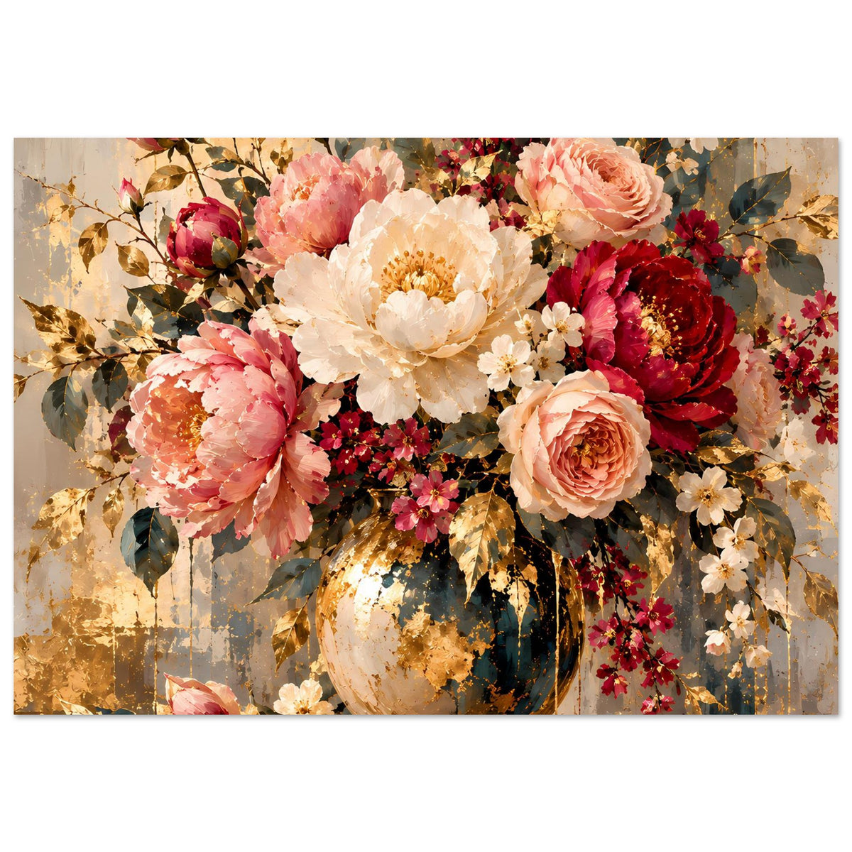 Blumenposter im Querformat mit üppigem Blütenstrauß in Vase, warmen Goldtönen
