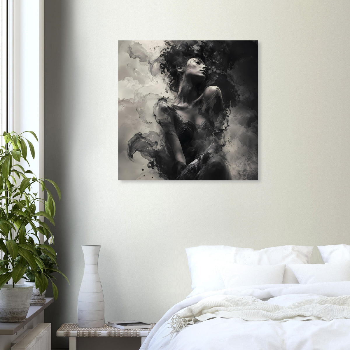 Monochromes Kunstposter mit abstrakter Frau im Rauch, quadratisch