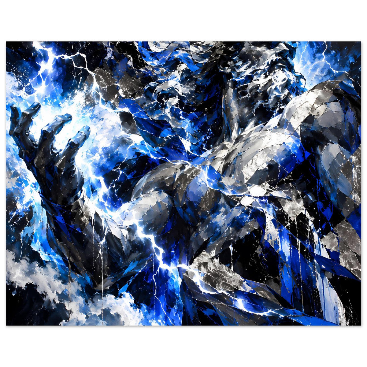 Horizontales Poster mit abstraktem Zeus-Blitz, blau-graue Bruchmuster und weiße Lichtstrahlen.