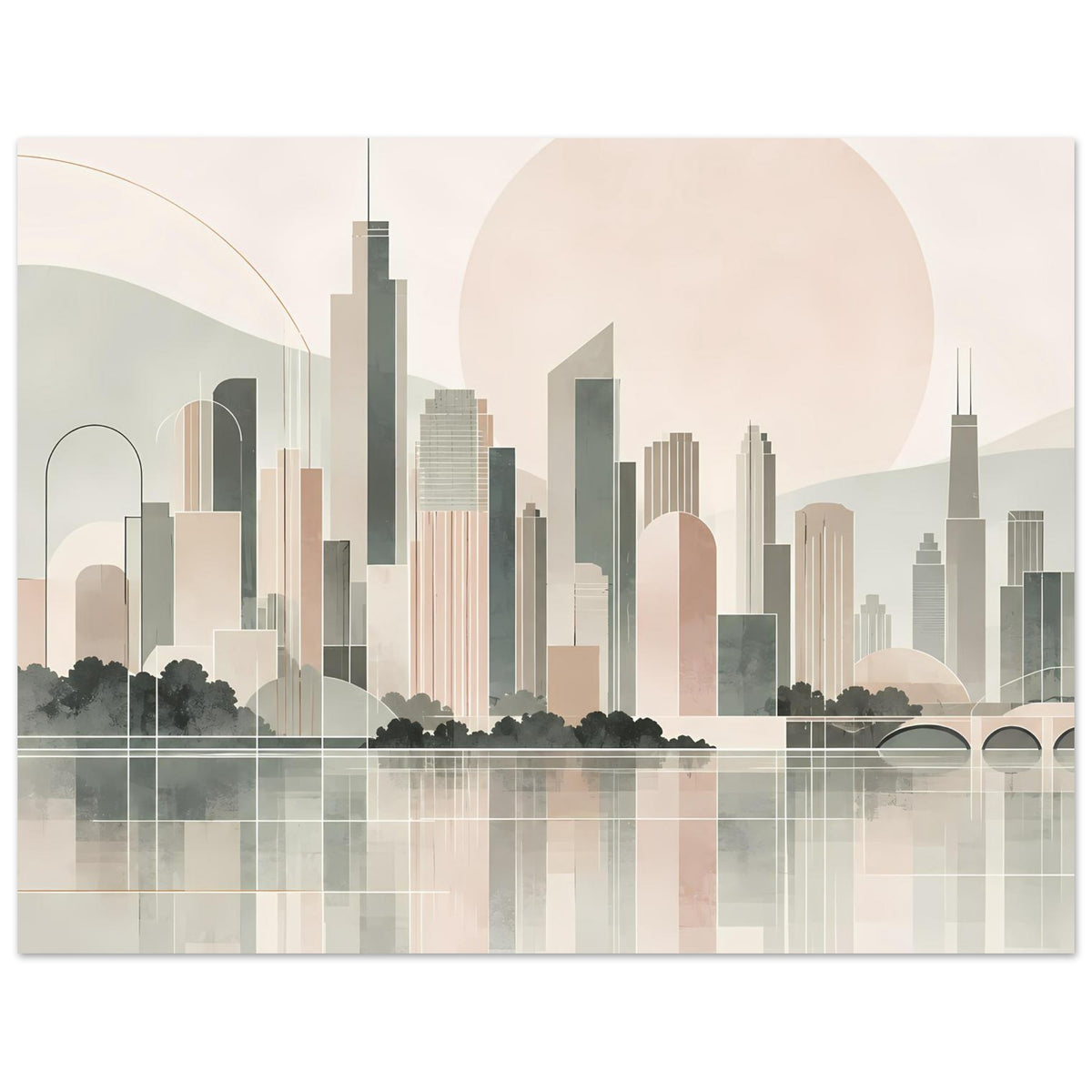 Stadtposter mit Skyline, großer Halbsonne und Wasserreflexion; rahmeneingerückt dargestellt