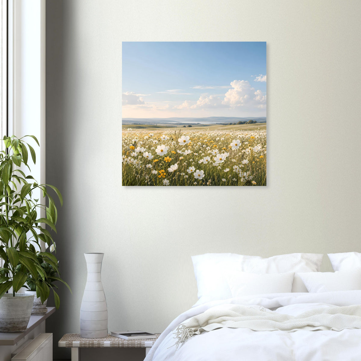 Wildblumenwiesen-Poster mit weitem Blick über blühende Wiese und hellem Himmel