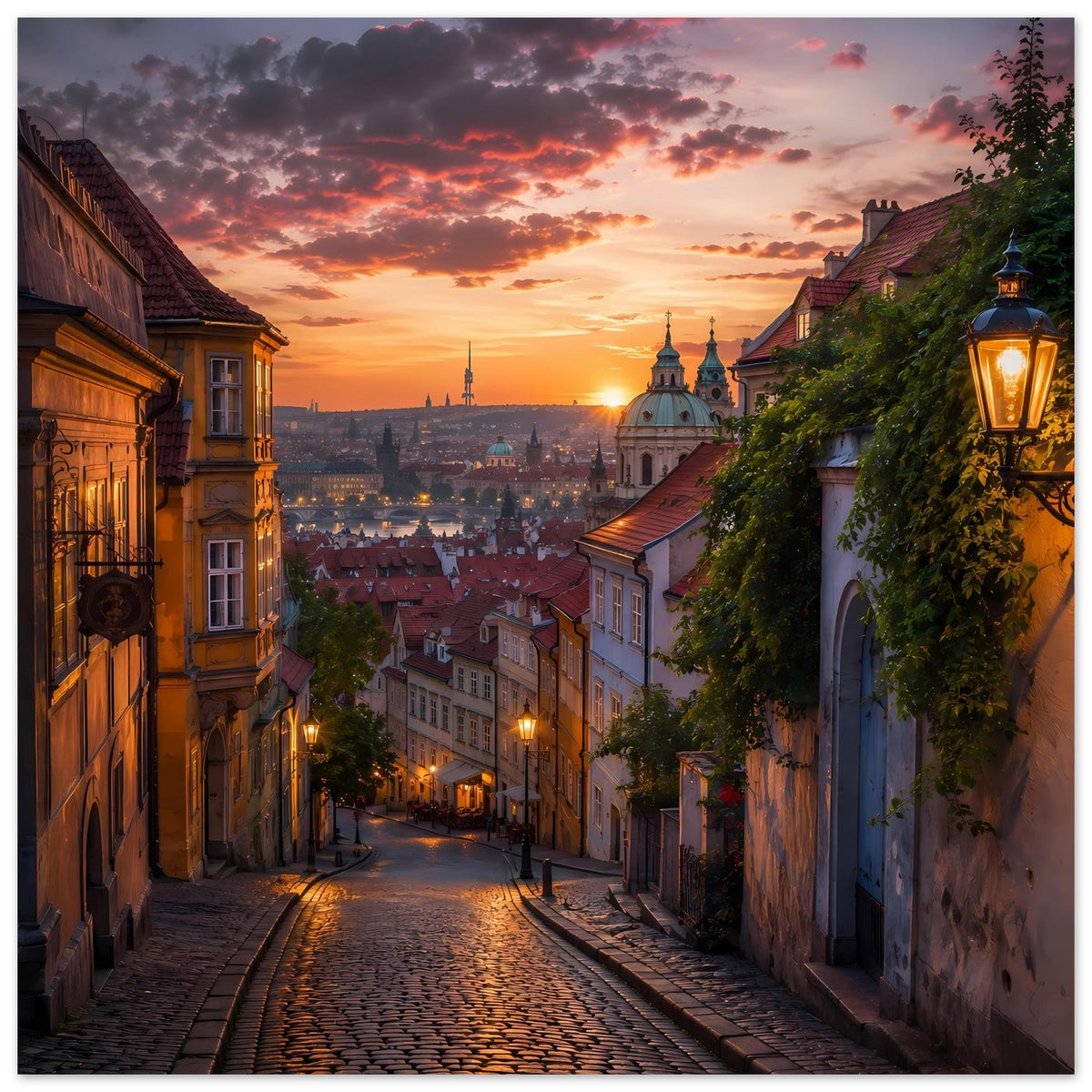 Stadtansicht-Poster mit Kopfsteinpflastergasse, warmem Sonnenuntergang und Laternen