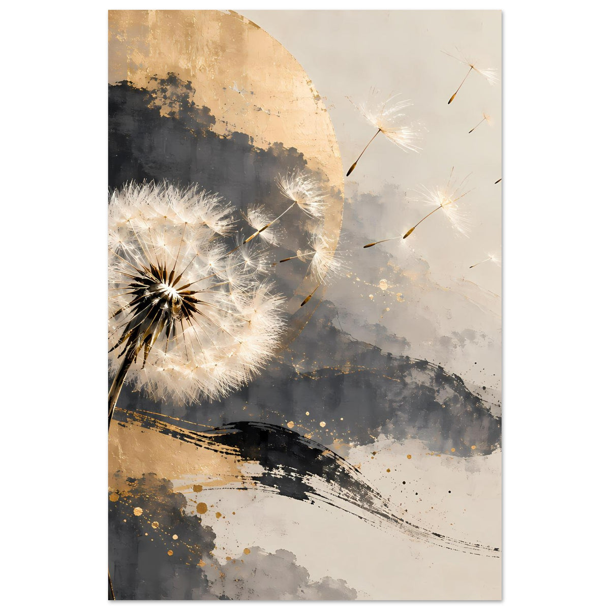 Hochkant-Kunstposter mit Pusteblume links, Gold- und Grauschattierungen, weiße Flugfäden