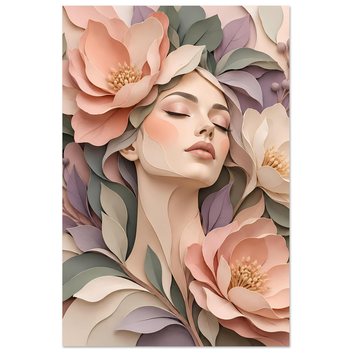 Blumiges Portraitposter mit schlafender Frauenfigur, pastellrosa und lila Blüten im Hochformat