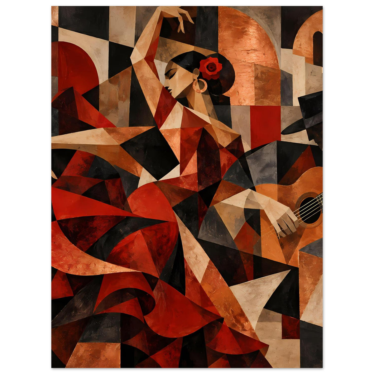 Kunstposter mit Flamenco-Tänzerin aus geometrischen Flächen, Rot- und Brauntöne, Gitarre angeschnitten