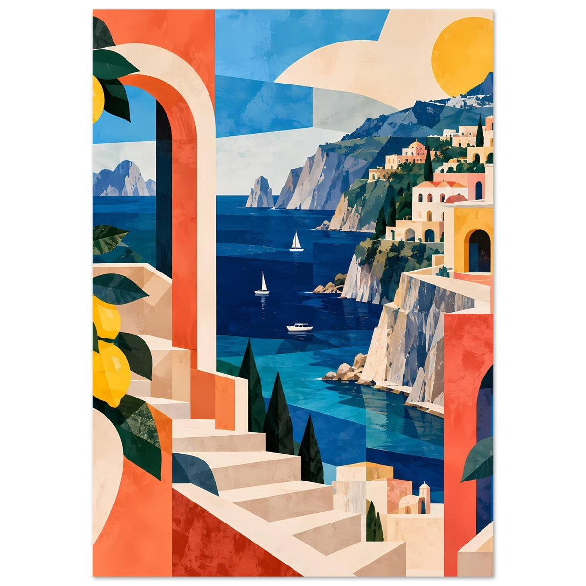 Mediterranes Küstenposter mit Zitronenschein, Meerblick, architektonische Bögen