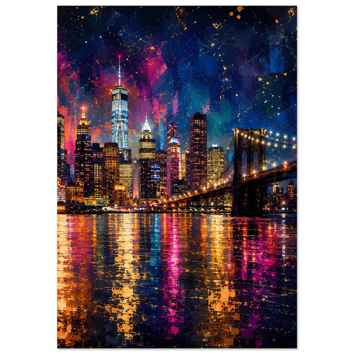 Abstraktes Stadtposter mit Skyline bei Nacht: Hängebrücke, leuchtende Gebäude, farbige Sprenkel