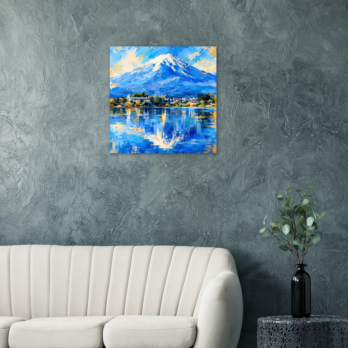 Landschaftsposter mit blauem Berg und Seereflexion