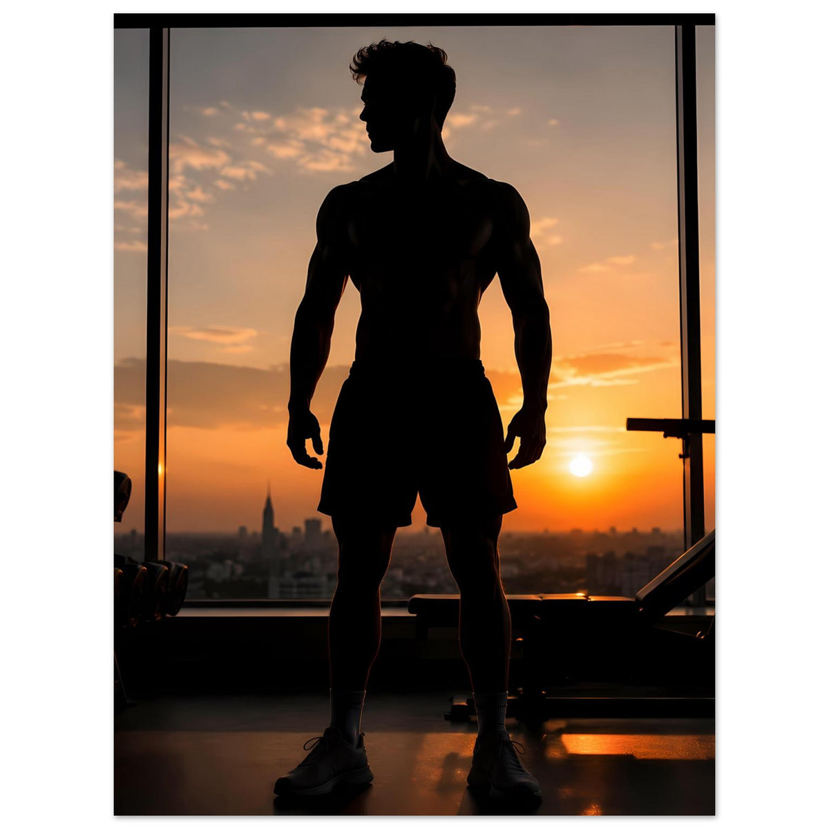 Fitness-Poster: dunkle Silhouette eines Mannes in Sportshorts und Sneakers, seitlich