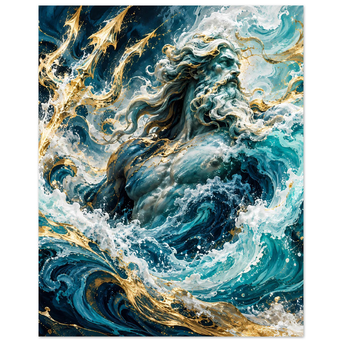 Mythologie-Poster (hochkant): Meeresgott im Ozean, Türkis und Gold, umgeben von Wasserwirbeln