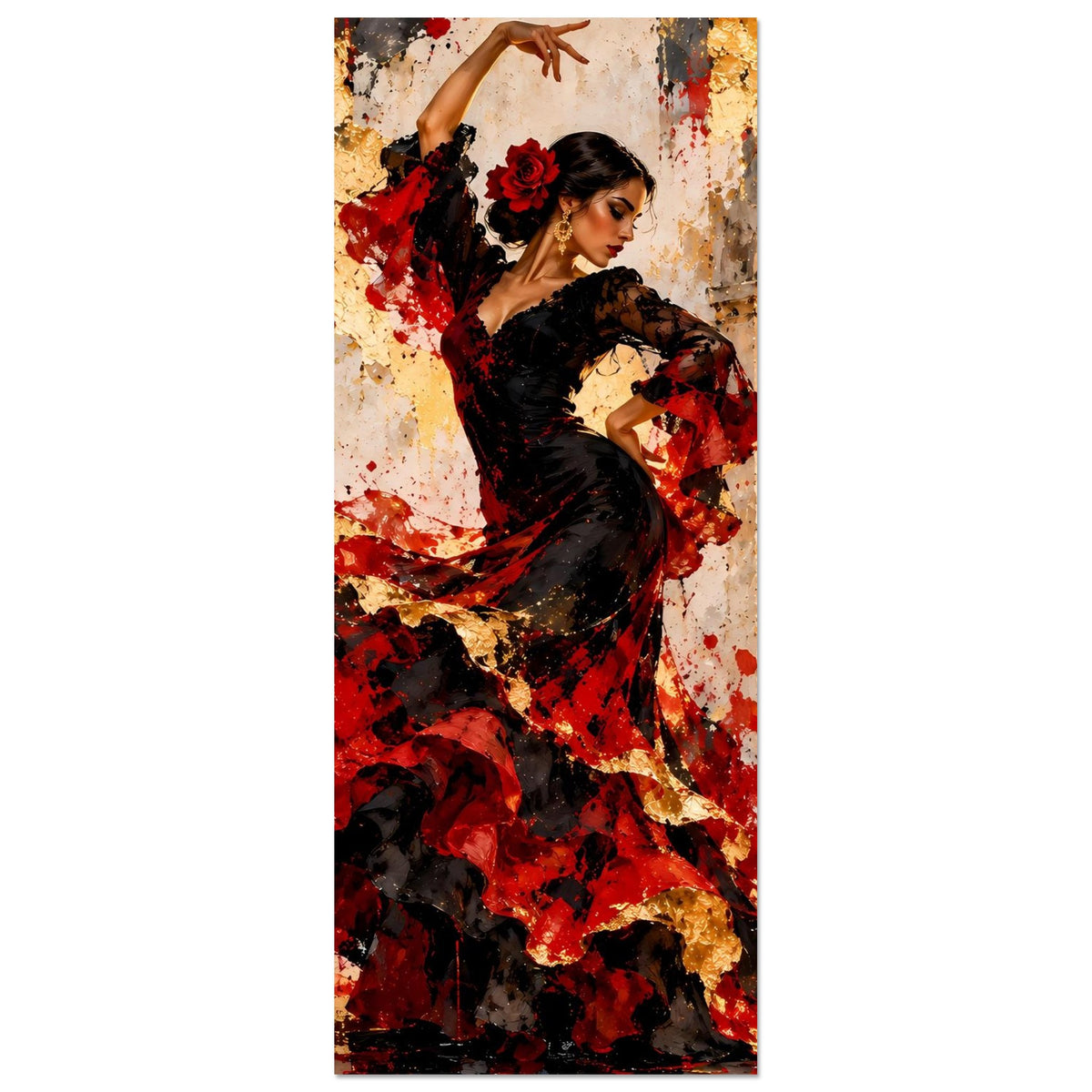 Poster mit Flamenco-Tänzerin in Schwarz und Rot, schmaler Hochformat-Ausschnitt, Tänzerin im Profil