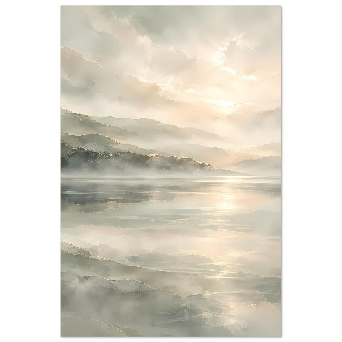 Hochkant-Poster mit nebliger Berglandschaft und Lichtreflexen auf dem See, matt