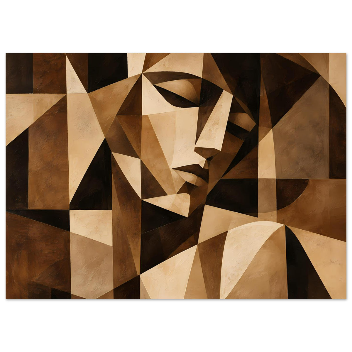 Abstraktes Kunstposter, horizontales Motiv: kubistisches Gesicht in Braun, Beige, Schwarz