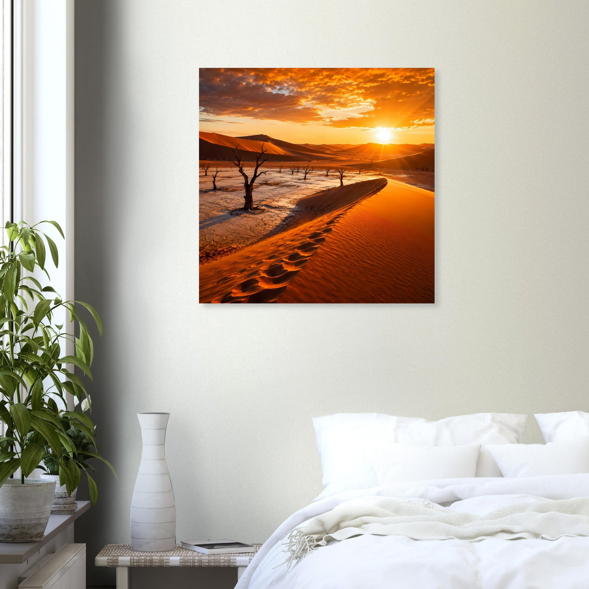 Wüstenlandschafts-Poster mit Sonnenuntergang, Dünenkante und Fußspuren im Vordergrund