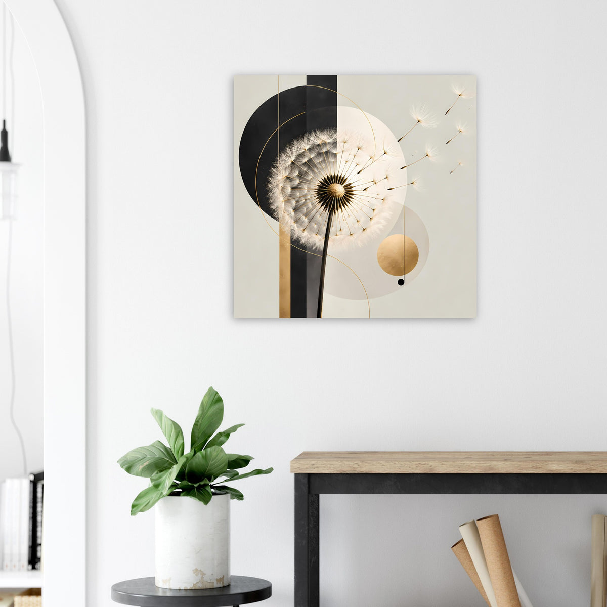 Gerahmtes Poster mit Pusteblume, goldenen Details und runden Formen