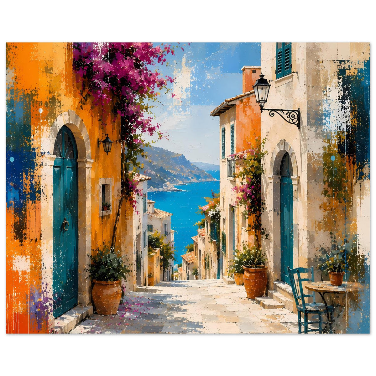 Poster mit Blick in die Gasse: orange und beige Häuser, blaue Fensterläden, Meer
