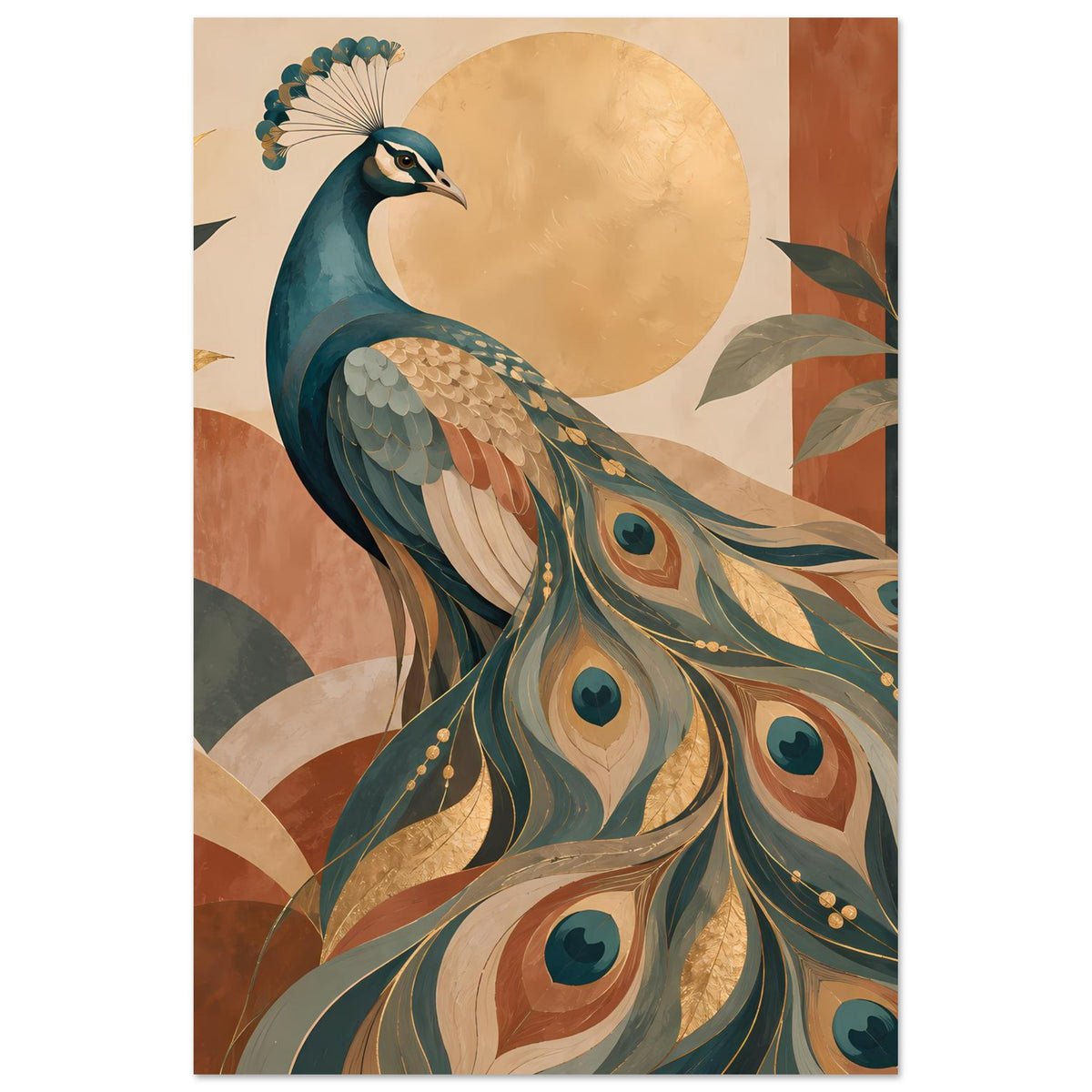 Vertikales Pfau-Poster mit Pfau und Blattornamenten in warmen Erdtönen, goldene Details