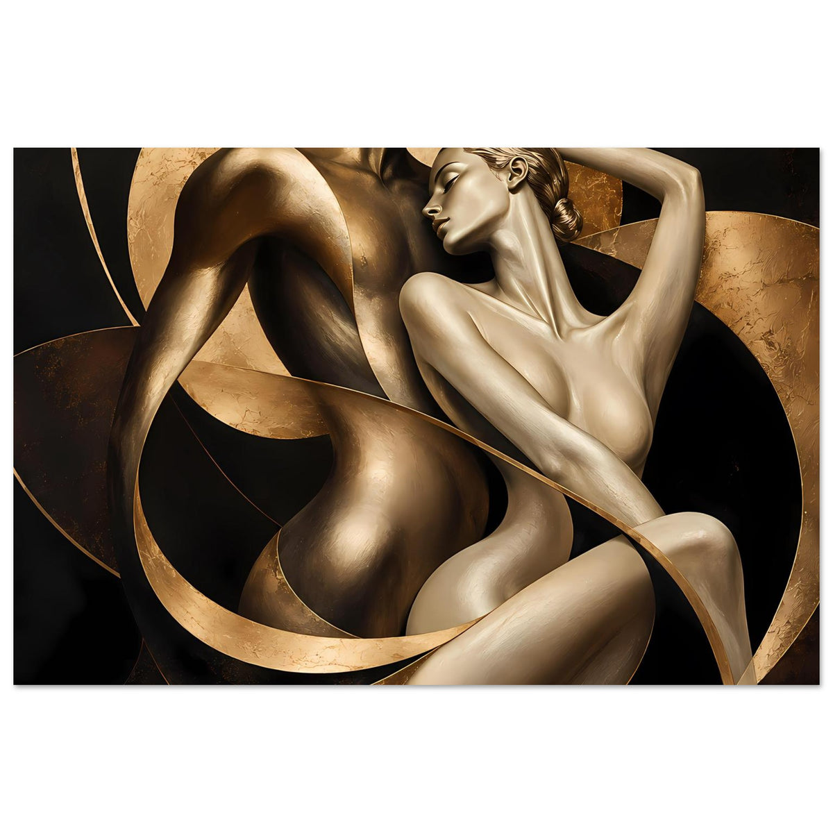 Kunstposter mit goldenen und bronzefarbenen Figuren, diagonale Ranken und Bögen