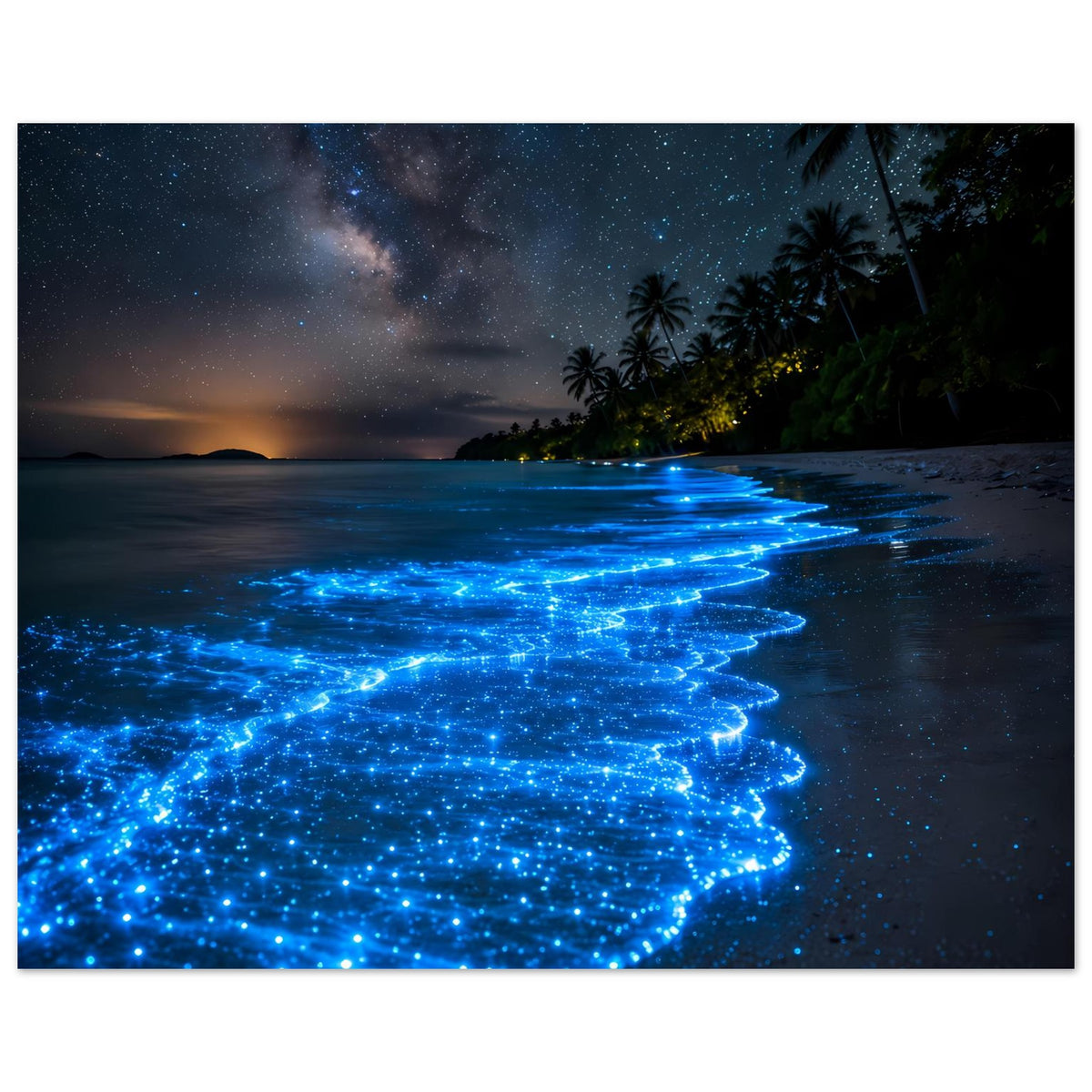 Meeresposter: blau leuchtender Strand mit Biolumineszenz-Wellen und Palmen bei Nacht