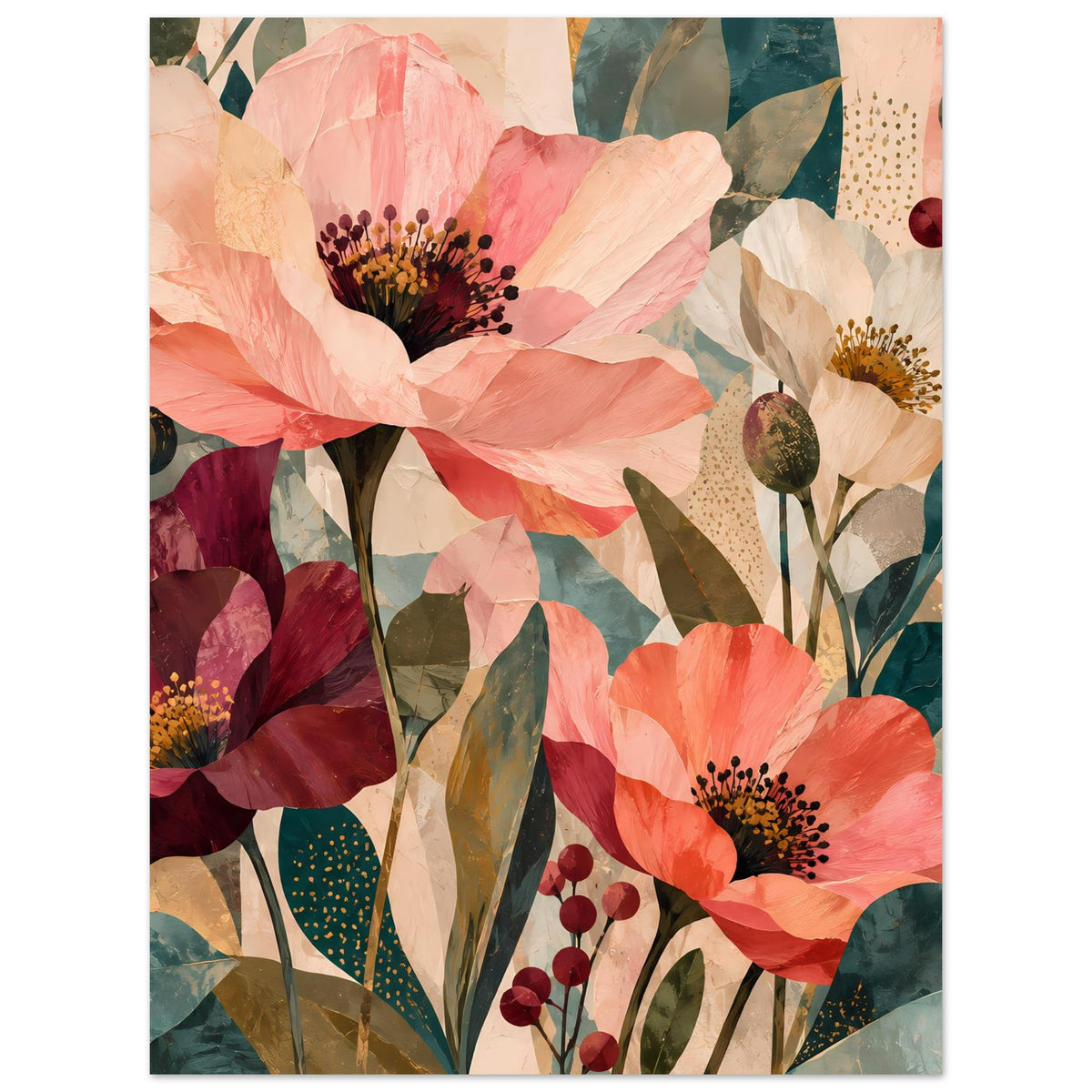 Blumenposter mit Korallenblüten und dunkelvioletten Zentren, beerenroten Knospen und Blattwerk