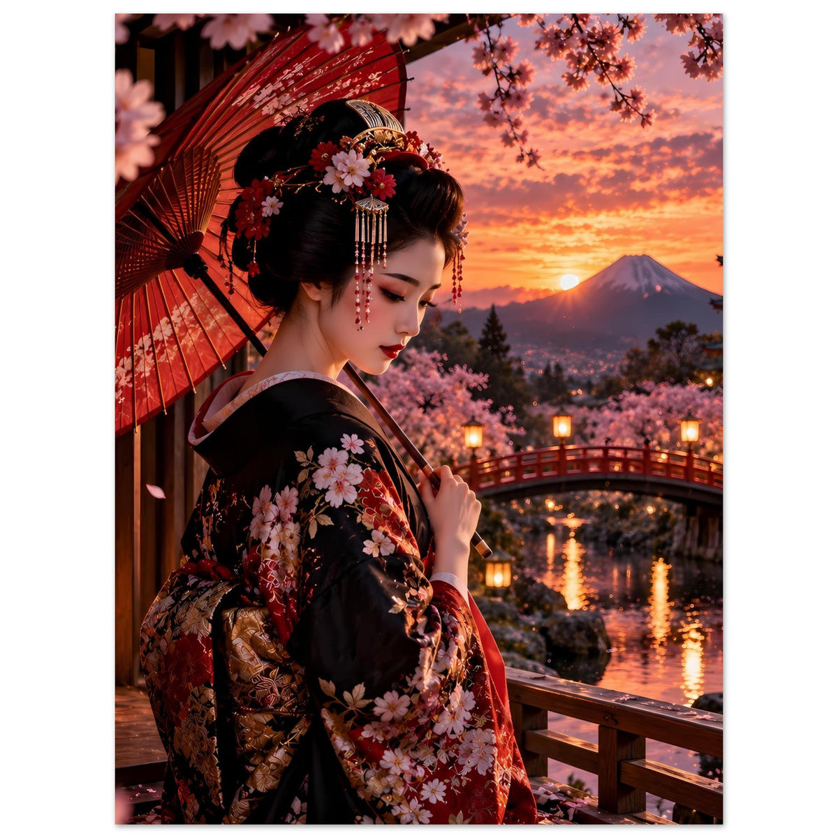 Vertikales Poster: Frau im Kimono mit Kirschblüten, roter Schirm, Sonnenuntergang über Brücke und Tempel