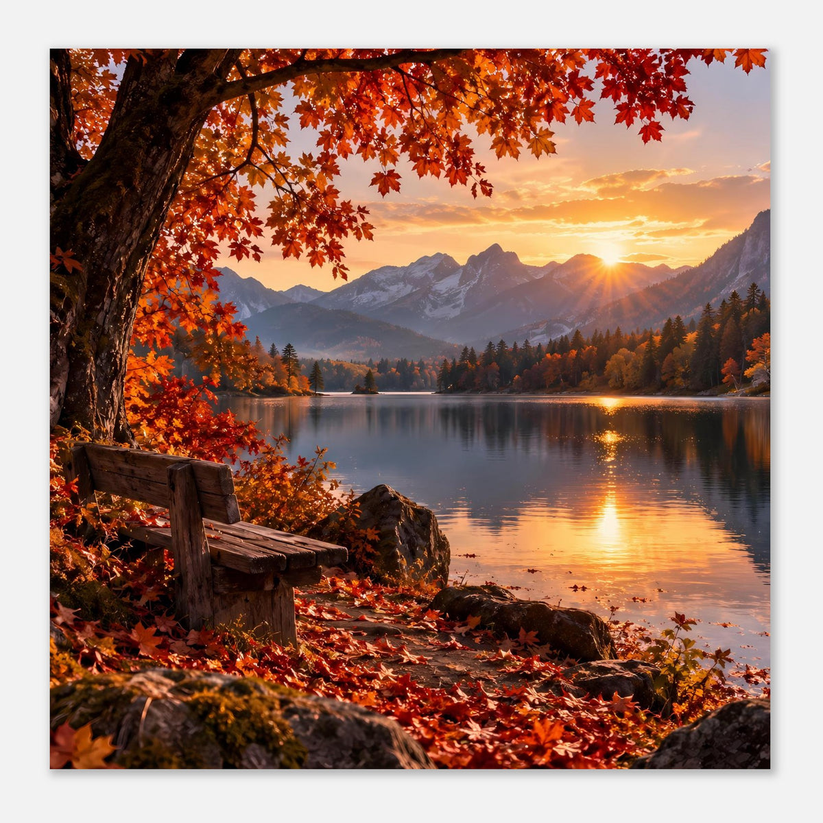 Poster mit Herbstlandschaft: Holzbank am Ufer, rote Blätter, Berge und goldene Lichtkante
