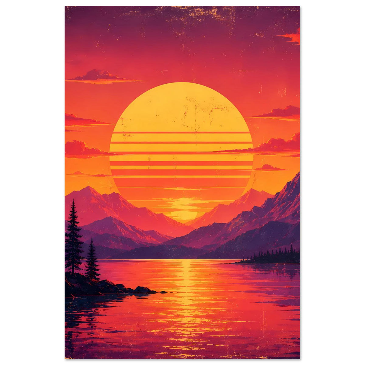 Vertikales Poster mit Retro-Landschaft: Bergsee, gelbe Sonne, gestreift, Tannen im Vordergrund.