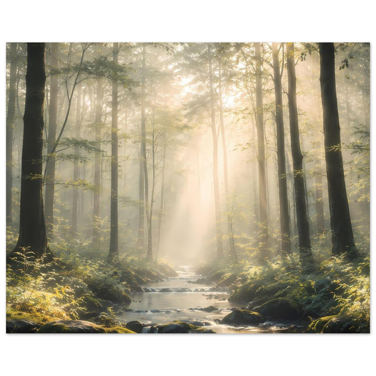 Naturposter Querformat: Wald mit Sonnenstrahlen über ruhigem Bach