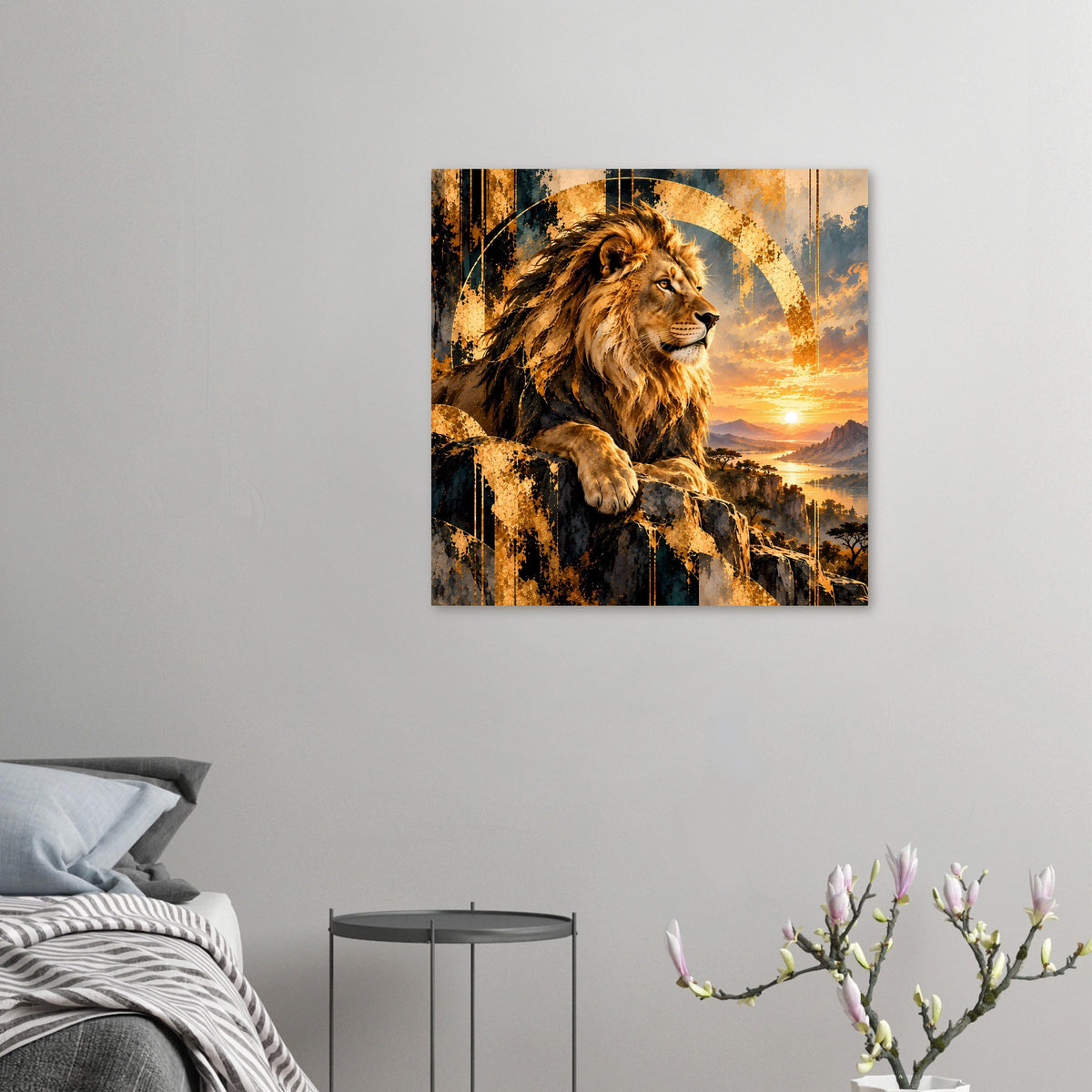 Kleines Löwen-Sonnenuntergangs-Poster in quadratischem Format auf hellen Hintergrund