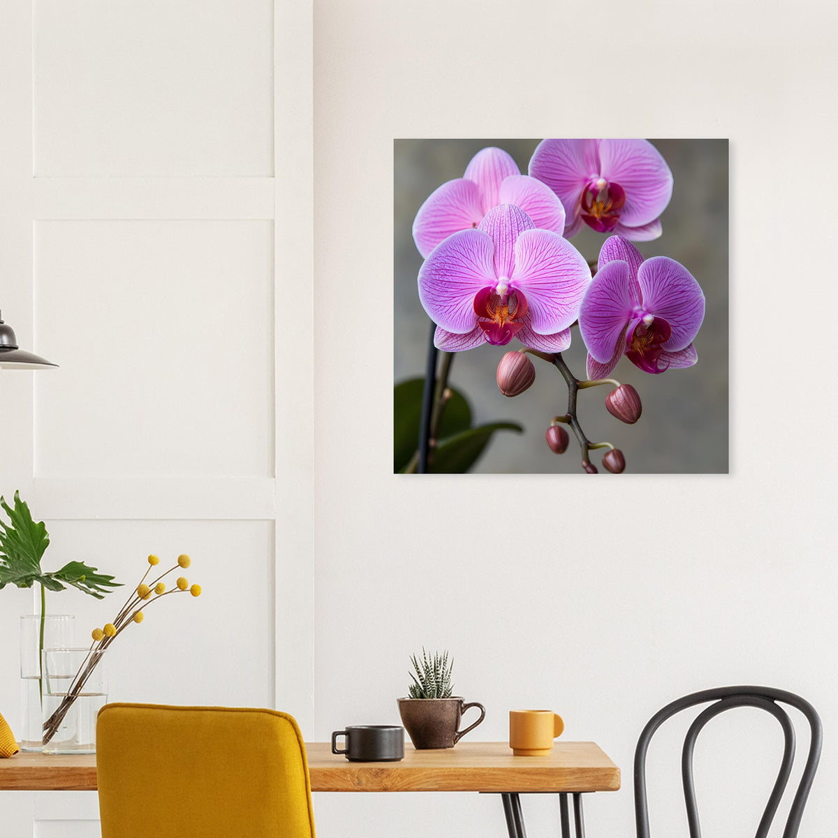Orchideen-Porträt-Poster: Nahaufnahme pinker Orchideen mit gelbem Zentrum