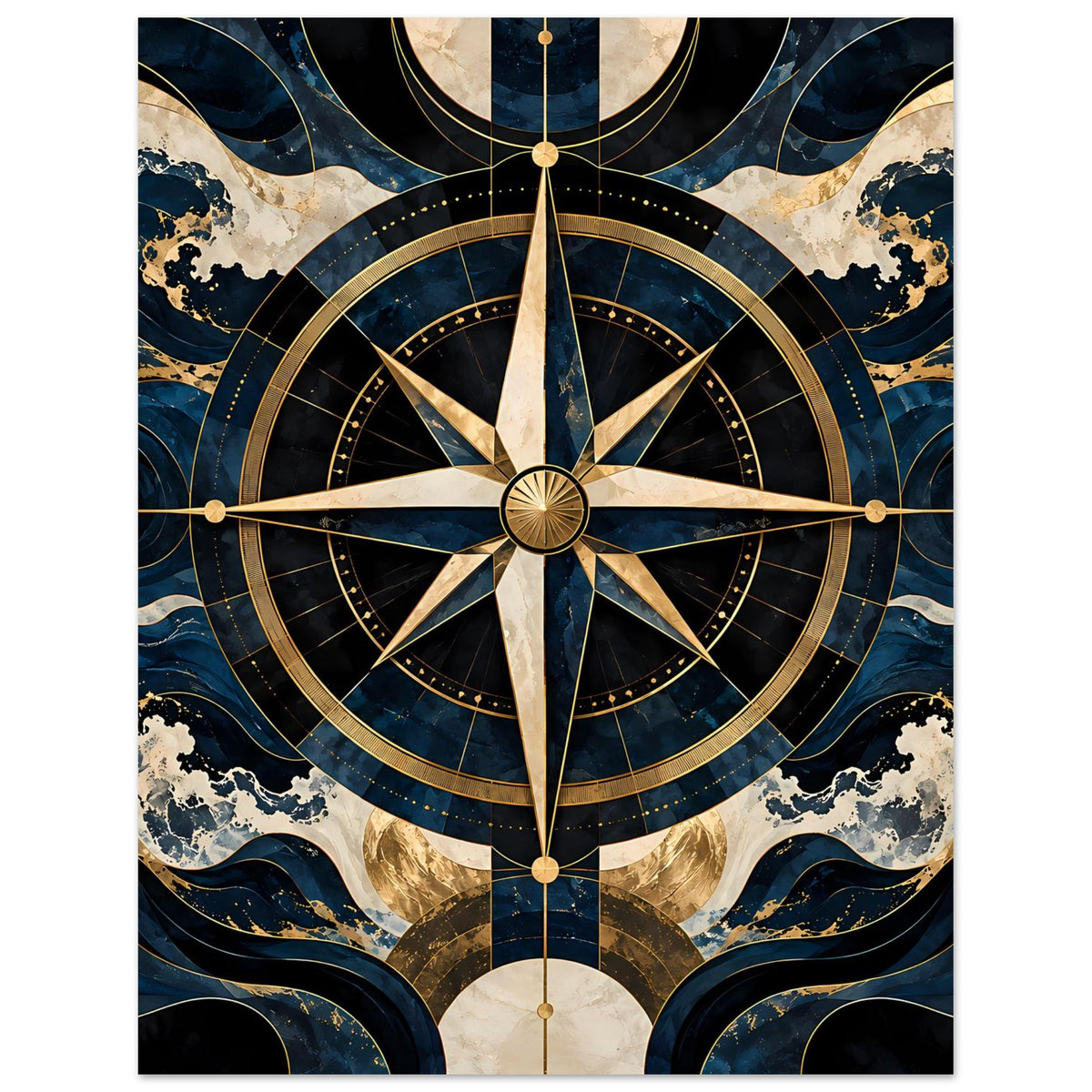 Maritimes Navigationsposter mit mittigem Kompass, goldenen Strahlen und blauer Tintenoptik
