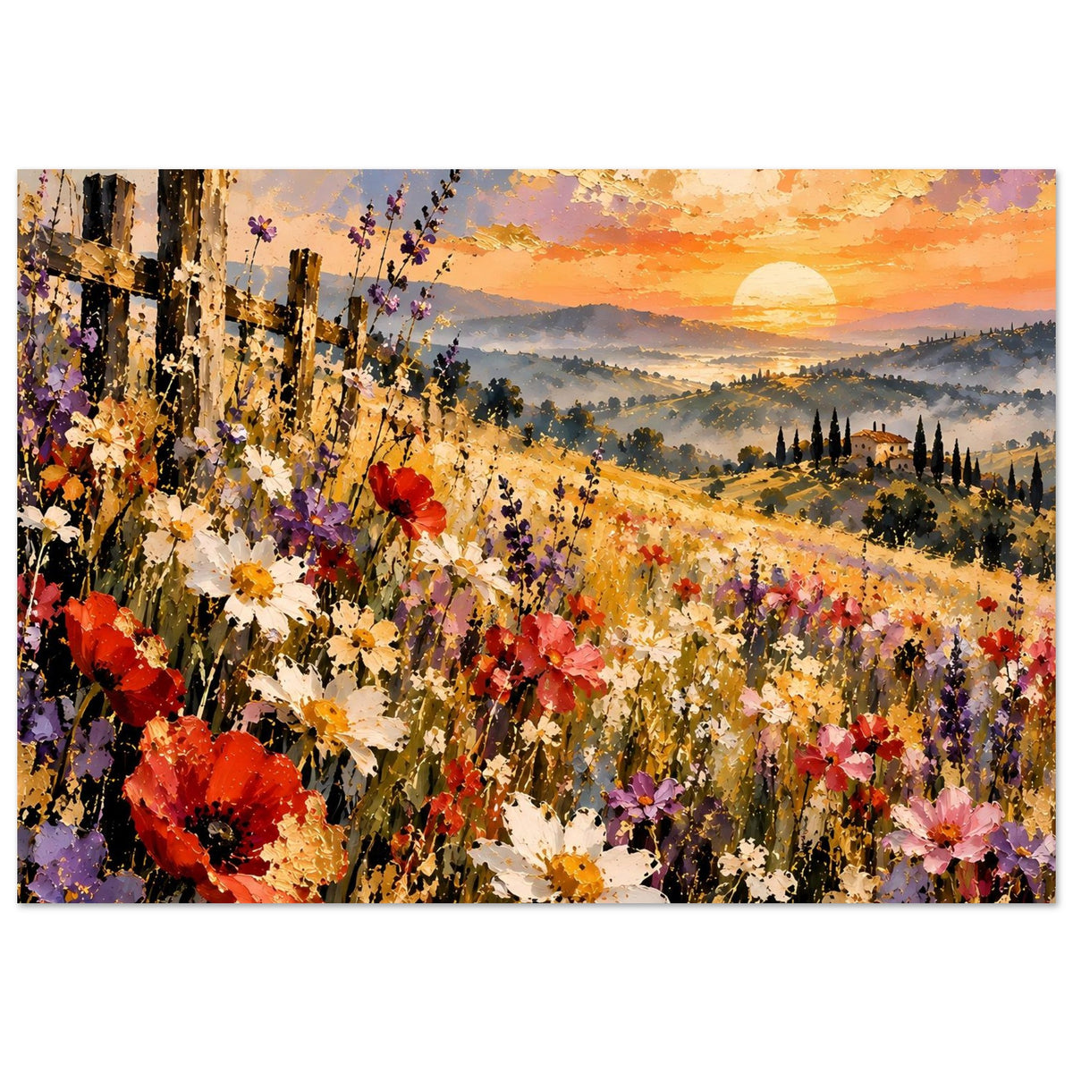 Rechteckiges Poster mit blühendem Feld, Mohnblumen im Vordergrund und Sonnenuntergang rechts