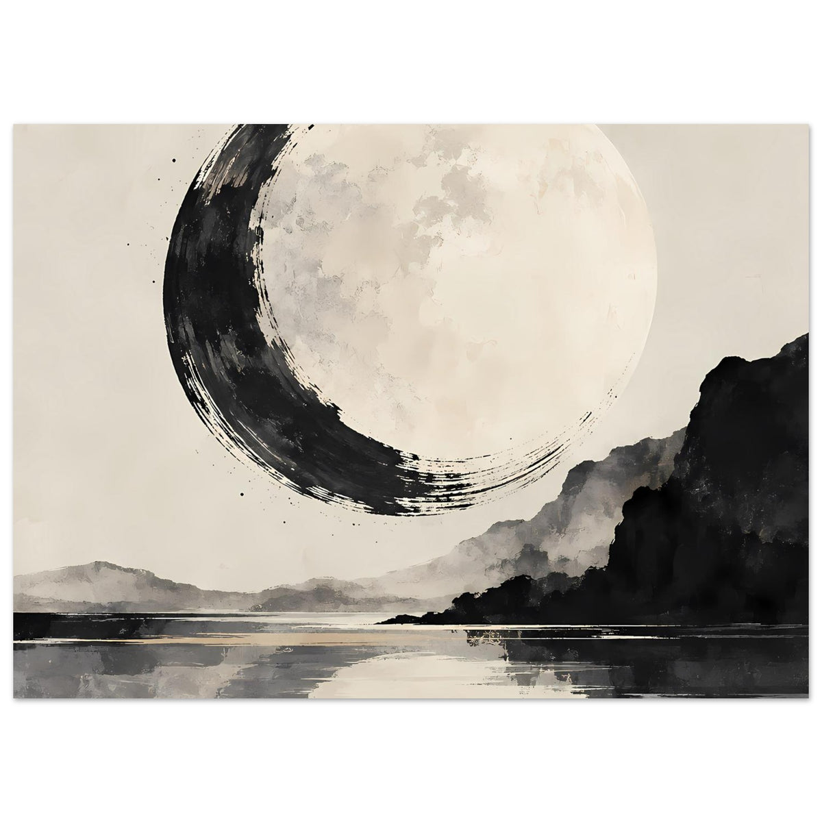 Schwarzweiß-Poster: Mond am Horizont, Pinselspuren, Wasser mit Reflexion und Silhouette