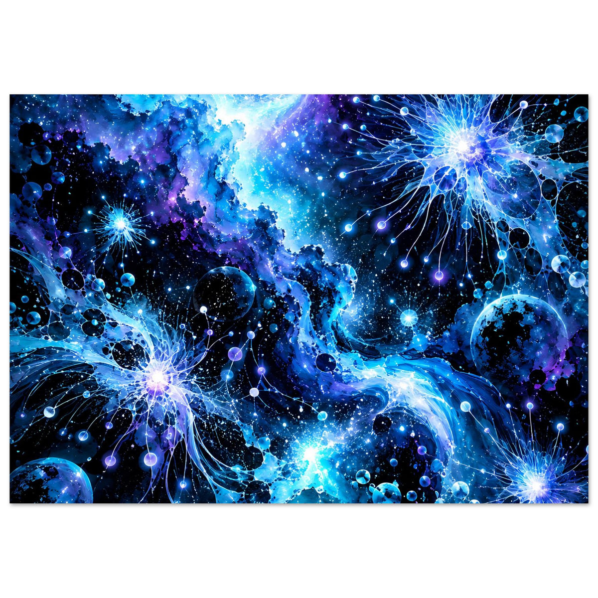 Leuchtendes galaktisches Poster mit blauen Sternen, Planeten und fadenförmigen Lichtbahnen