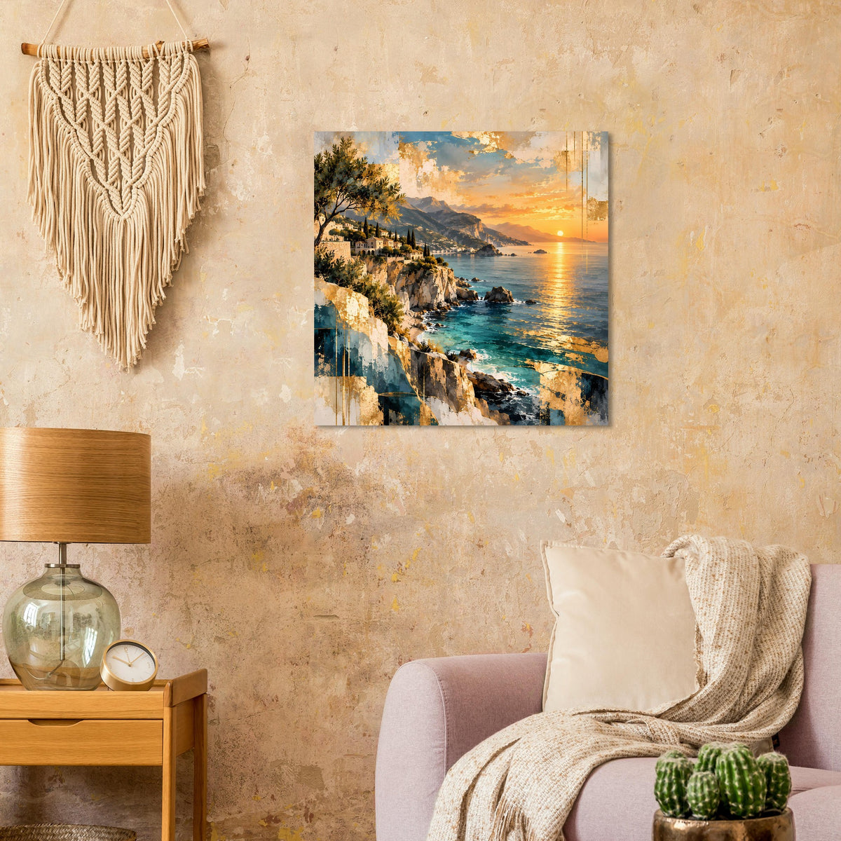 Gerahmtes Wandposter mit felsiger Küste und Sonnenuntergang über dem Meer
