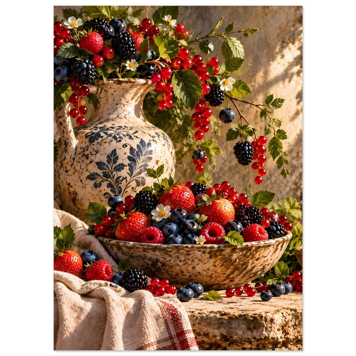 Beeren-Stillleben-Poster: Vase voller Beeren, rote Trauben und blaue Beeren im Motiv