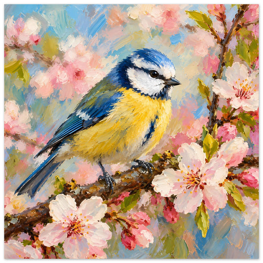 Poster mit Meise auf blühendem Ast, blau-gelber Vogel und rosa Blüten
